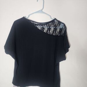 Black Lace-Yoke Short Sleeve Women's Top